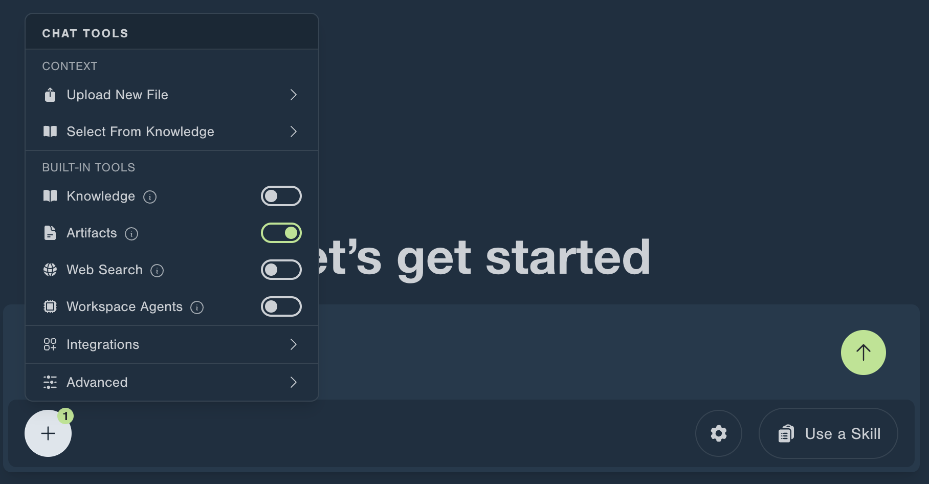 The Chat Tools menu, opened from the + button next to the message input