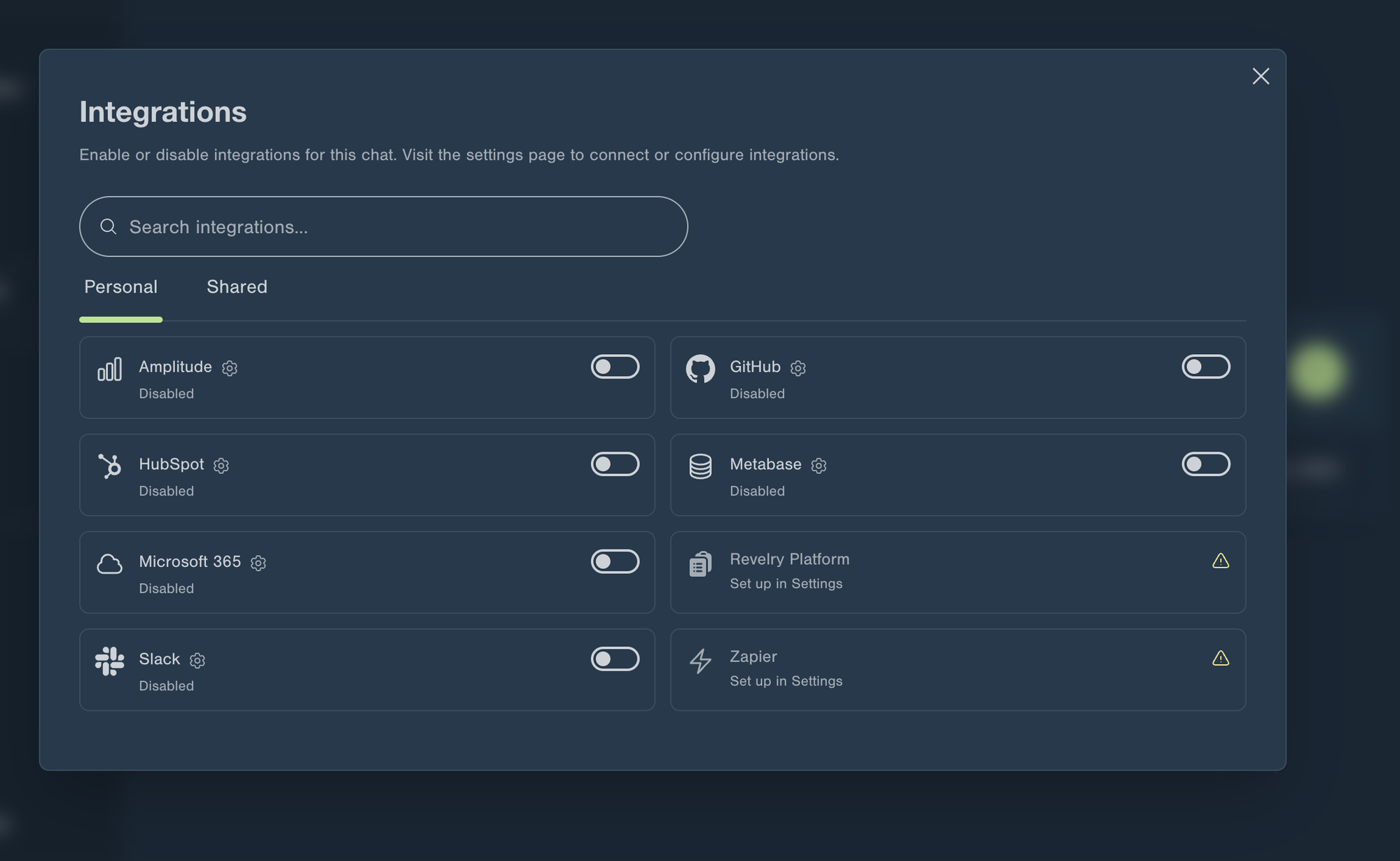 Integrations panel — Personal tab, showing connected services with on/off toggles
