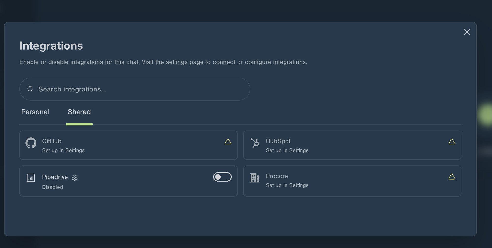 Integrations panel — Shared tab, showing organization-level integrations